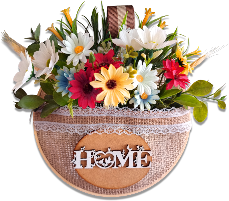 Guirlanda Wildflower: Cesta Rústica com Flores Silvestres e Placa “HOME”