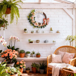 guirlanda serenita ninho e paz com laço laranja e gaiola