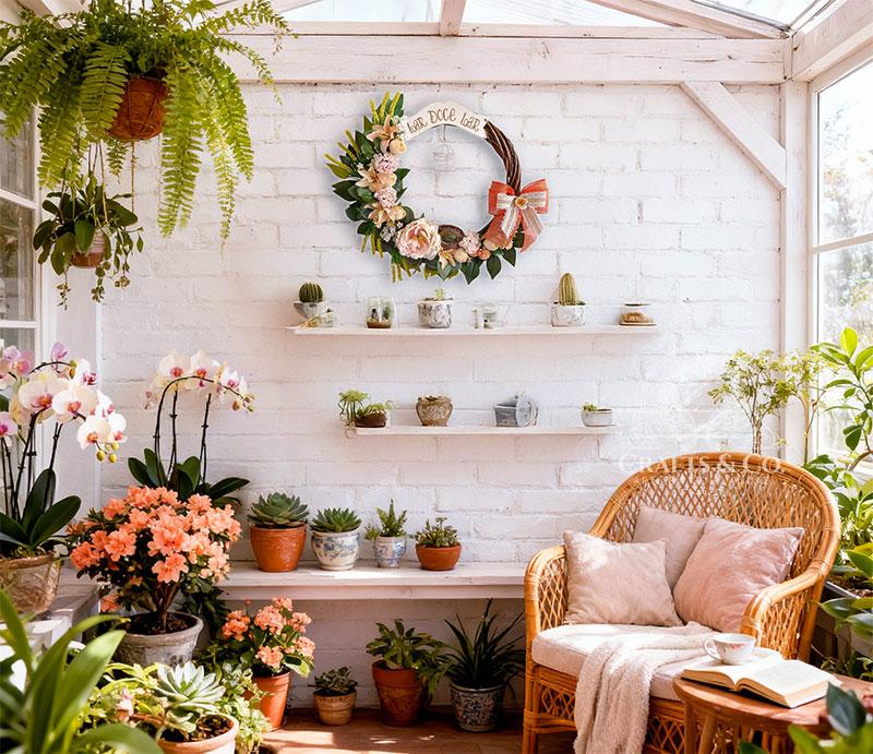 guirlanda serenita ninho e paz com laço laranja e gaiola