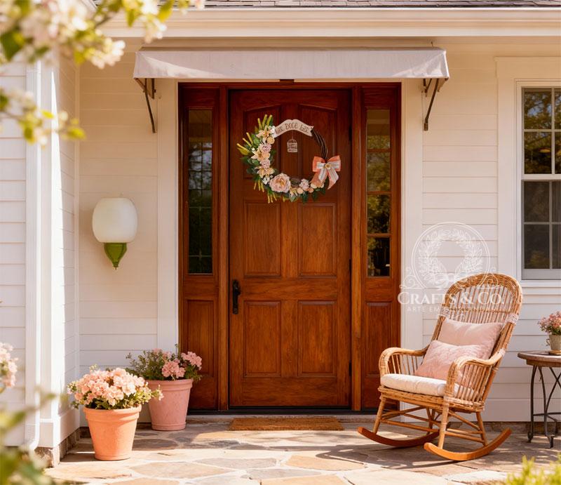 guirlanda serenita ninho e paz com laço laranja e gaiola